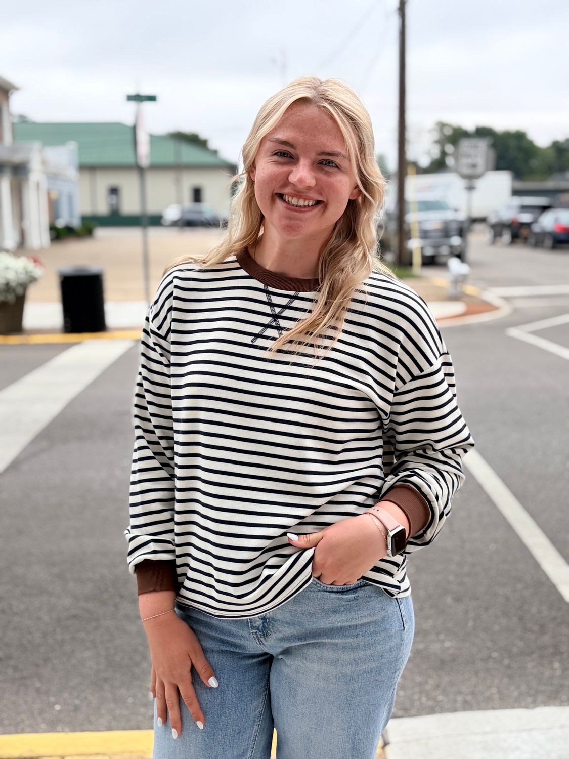 Navy Striped Accent Top