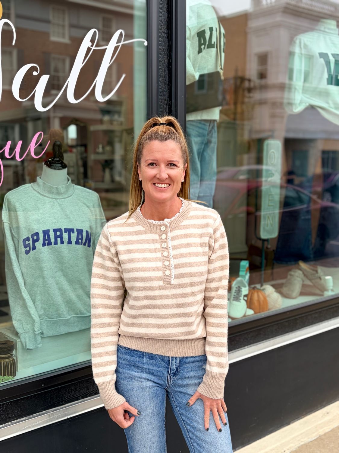 Taupe Striped Henley Sweater