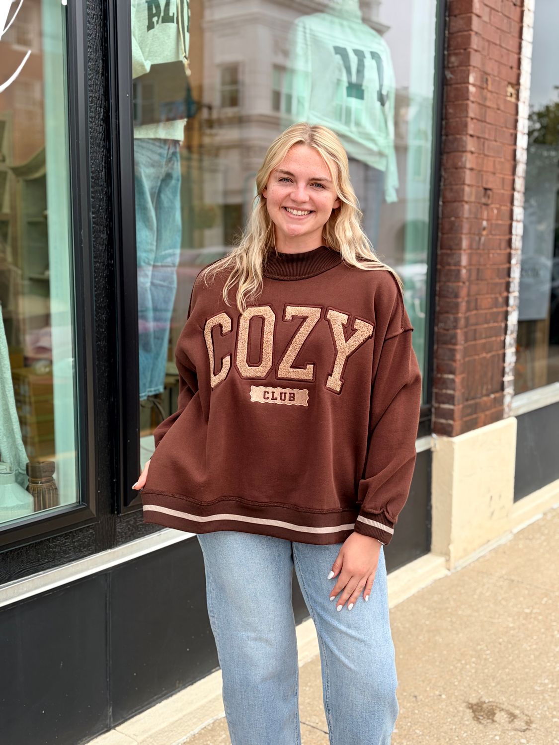 Cozy Club Varsity Mock Neck Pullover