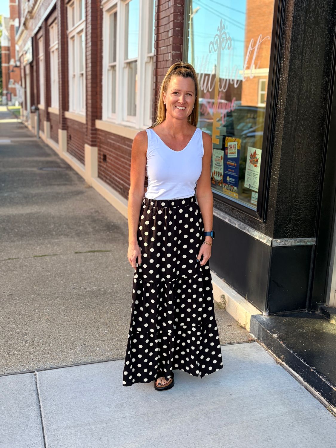 Black/Cream Polka Dot Split Maxi Skirt