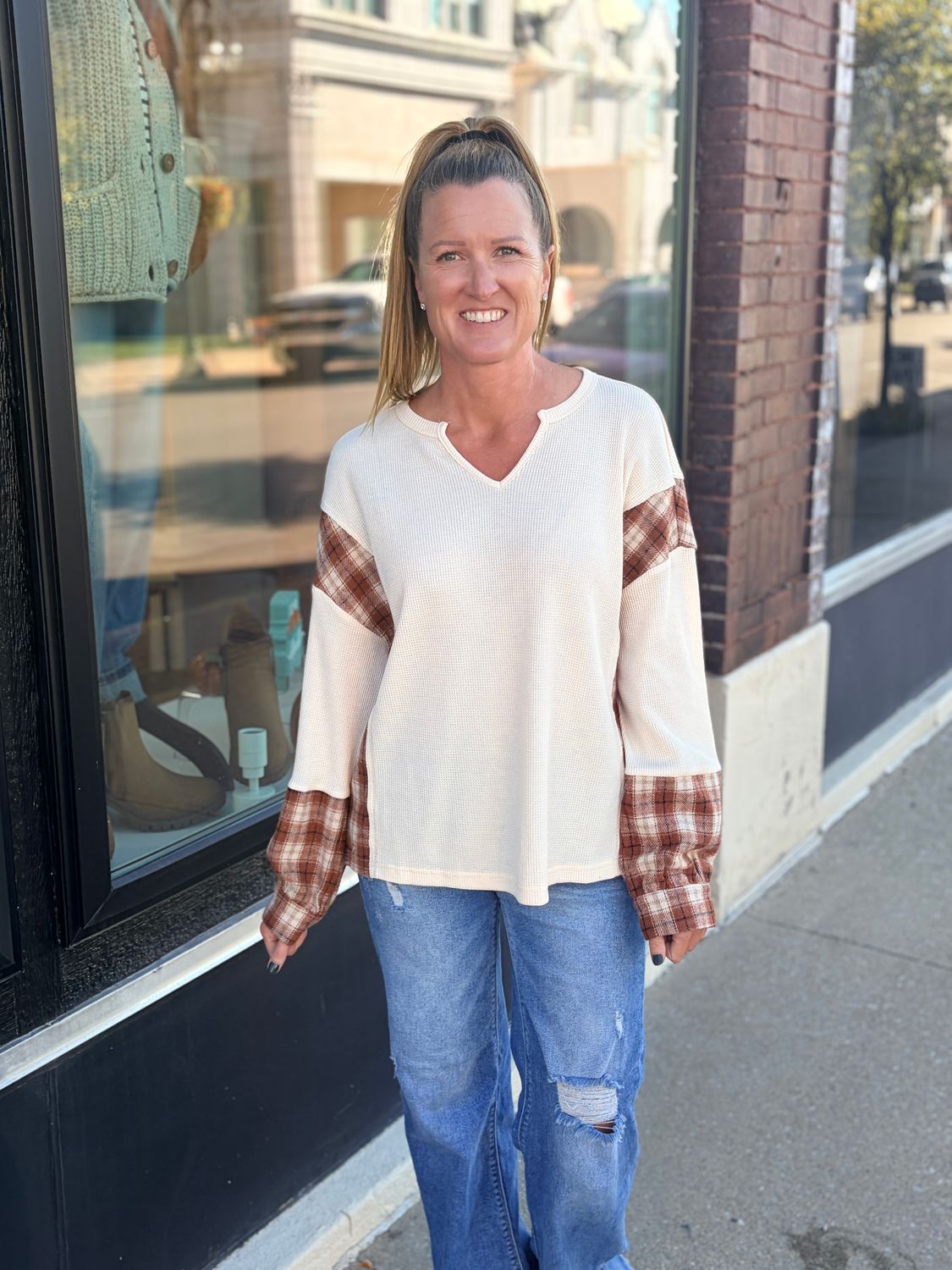 Cream Waffle Top with Flannel Sleeves