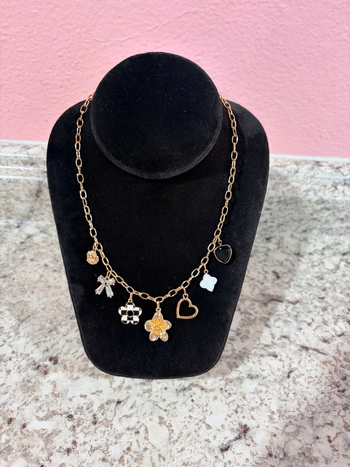 Checkered Flower Charm Necklace