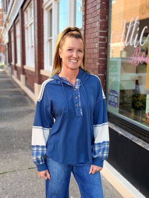 Blue Plaid Contrast Hooded Top