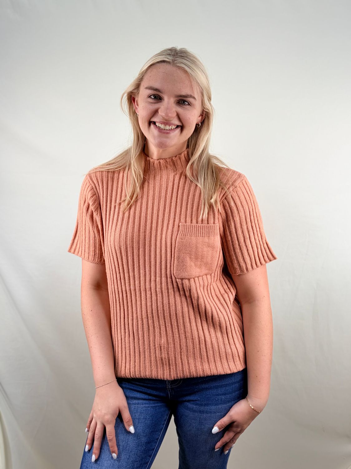Pale Terracotta Mock Neck Ribbed Sweater