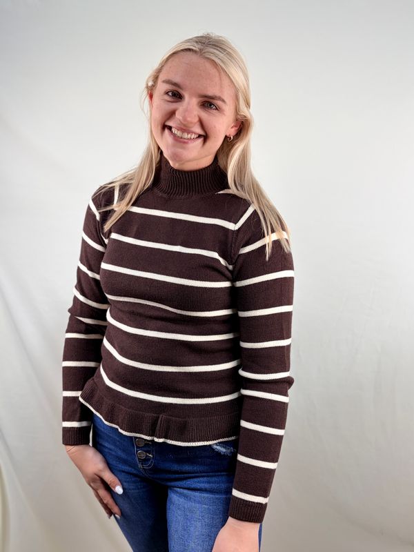 Brown Striped Peplum Ruffle Sweater