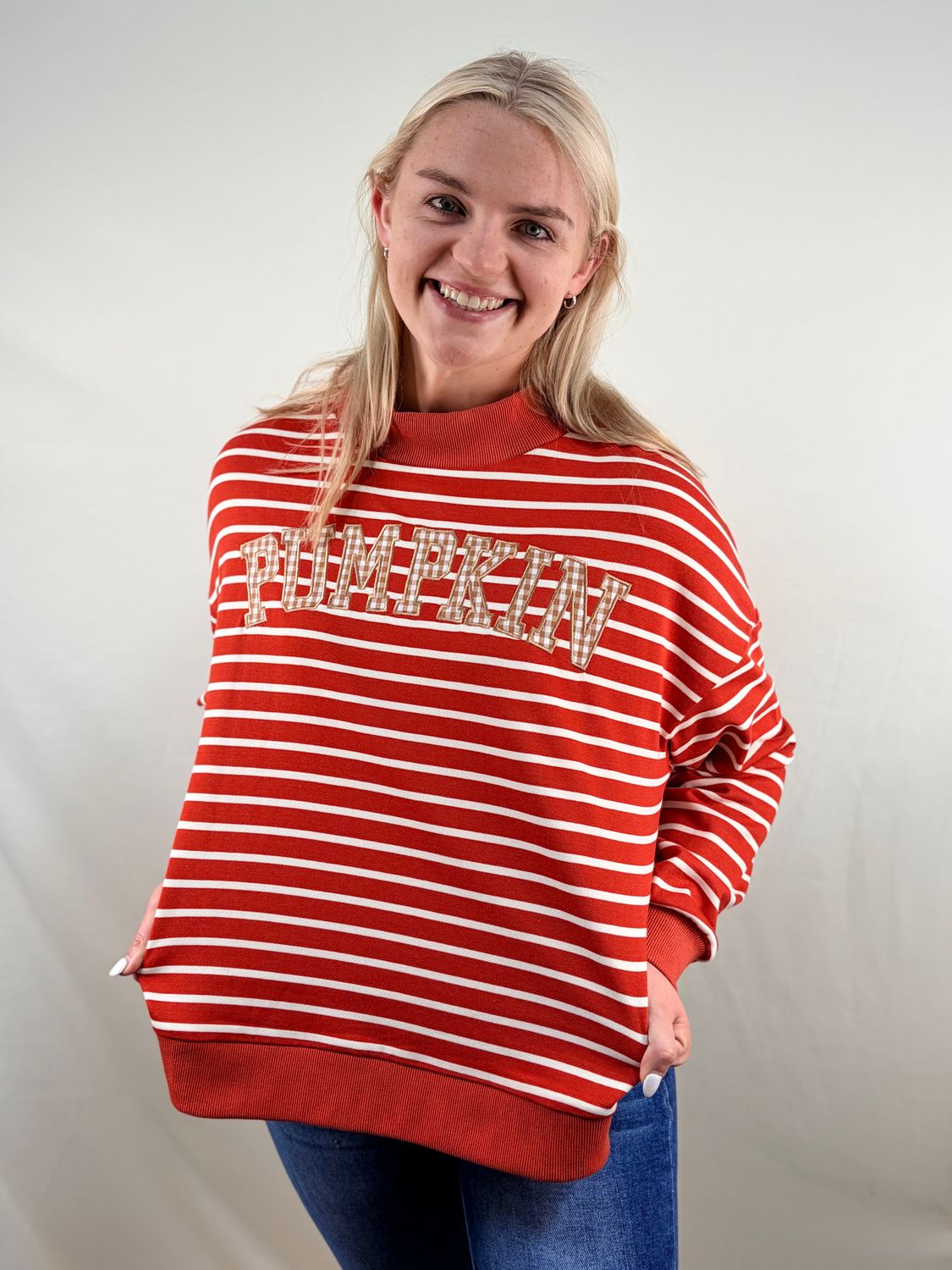 Rust Striped “Pumpkin” Mock Neck Pullover