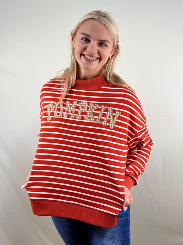 Rust Striped “Pumpkin” Mock Neck Pullover