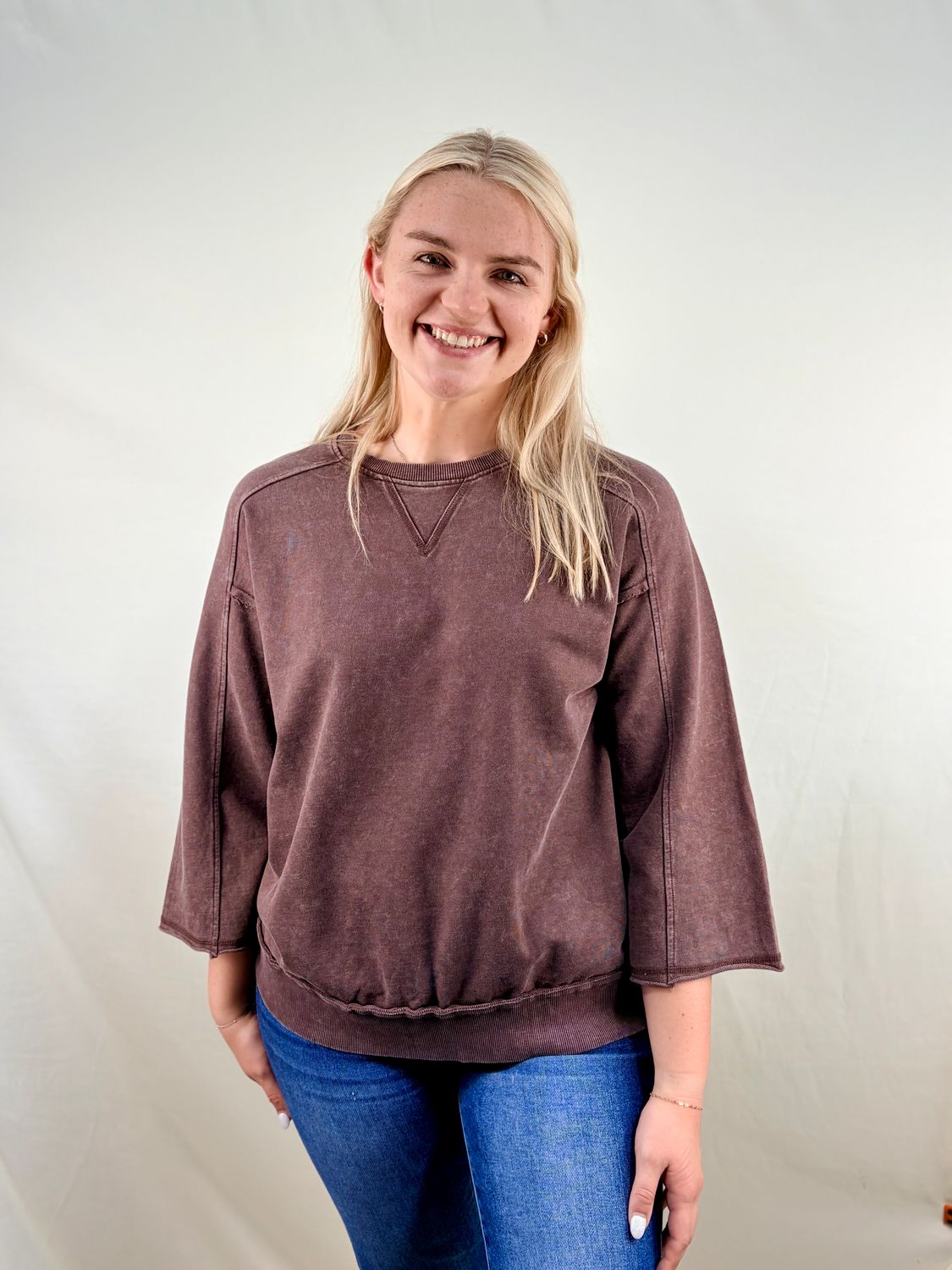 3/4 Sleeve Dark Brown Mineral Washed Top