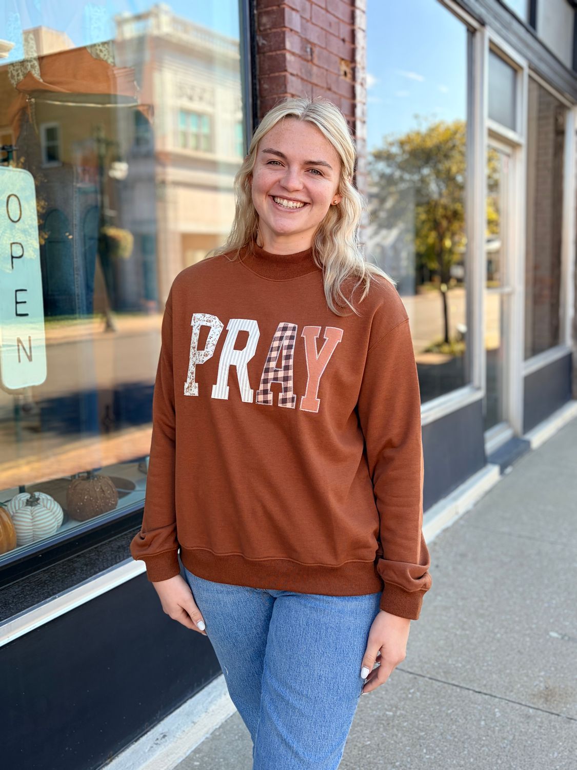 “Pray” Patch Embroidered Mock Neck Pullover