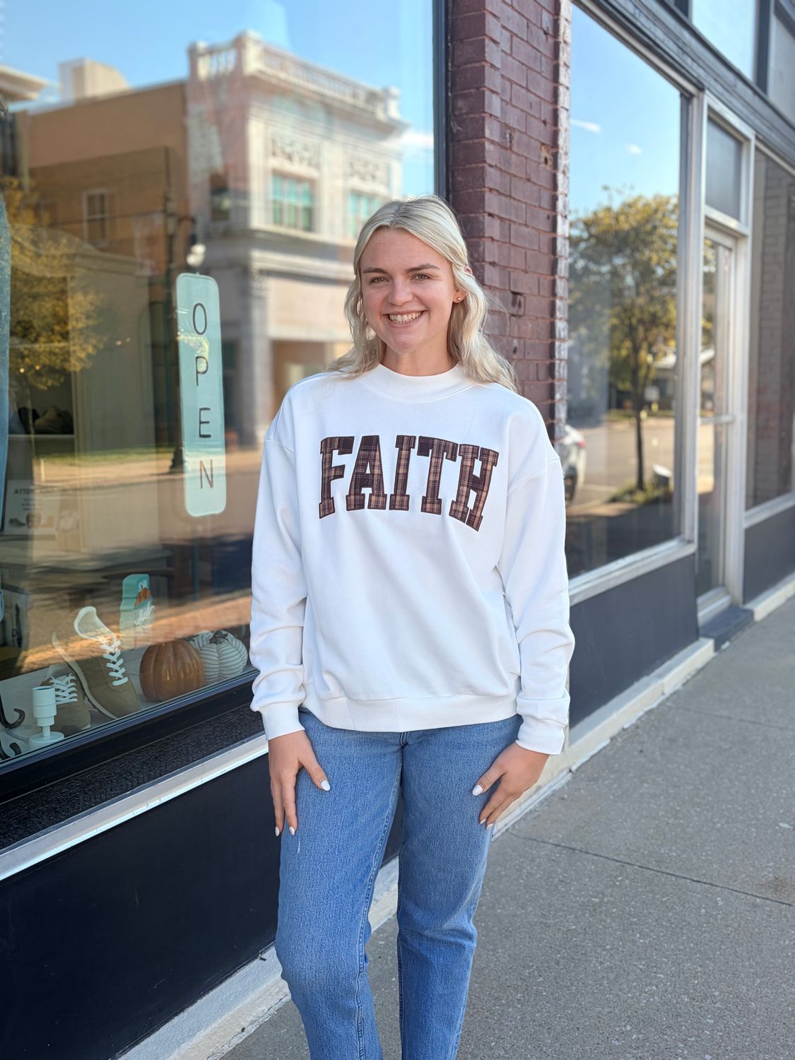 Plaid “Faith” Mock Neck Pullover