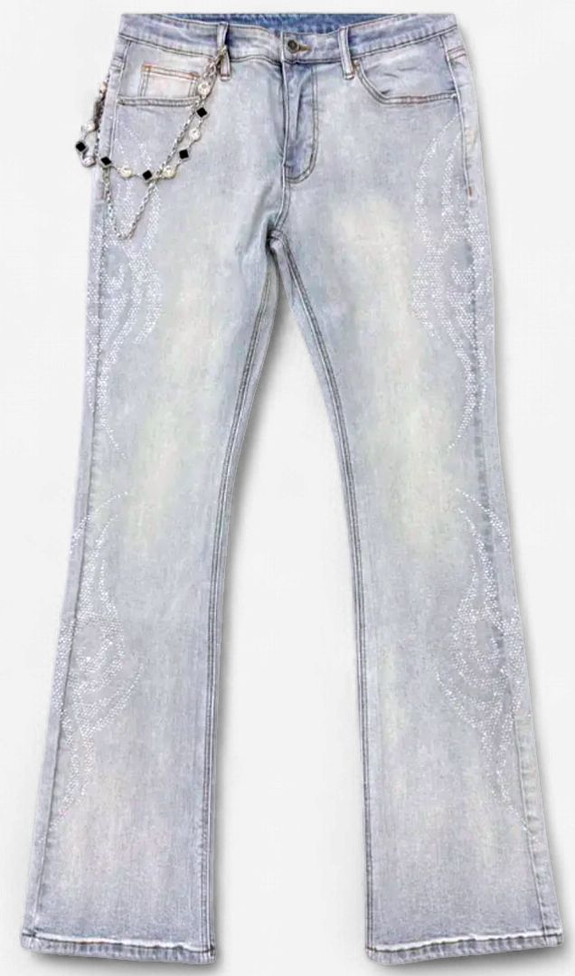 Premium Milano Mens Tribo Clear Stone Stacked Flare Jeans PM001F25-116 LT Blue Wash