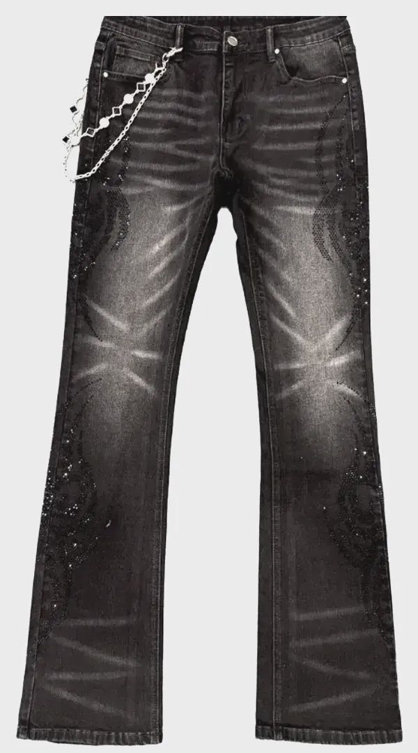 Premium Milano Mens Tribo Black Rhinestone Stacked Flare Jeans PM001F25-100 Black Wash