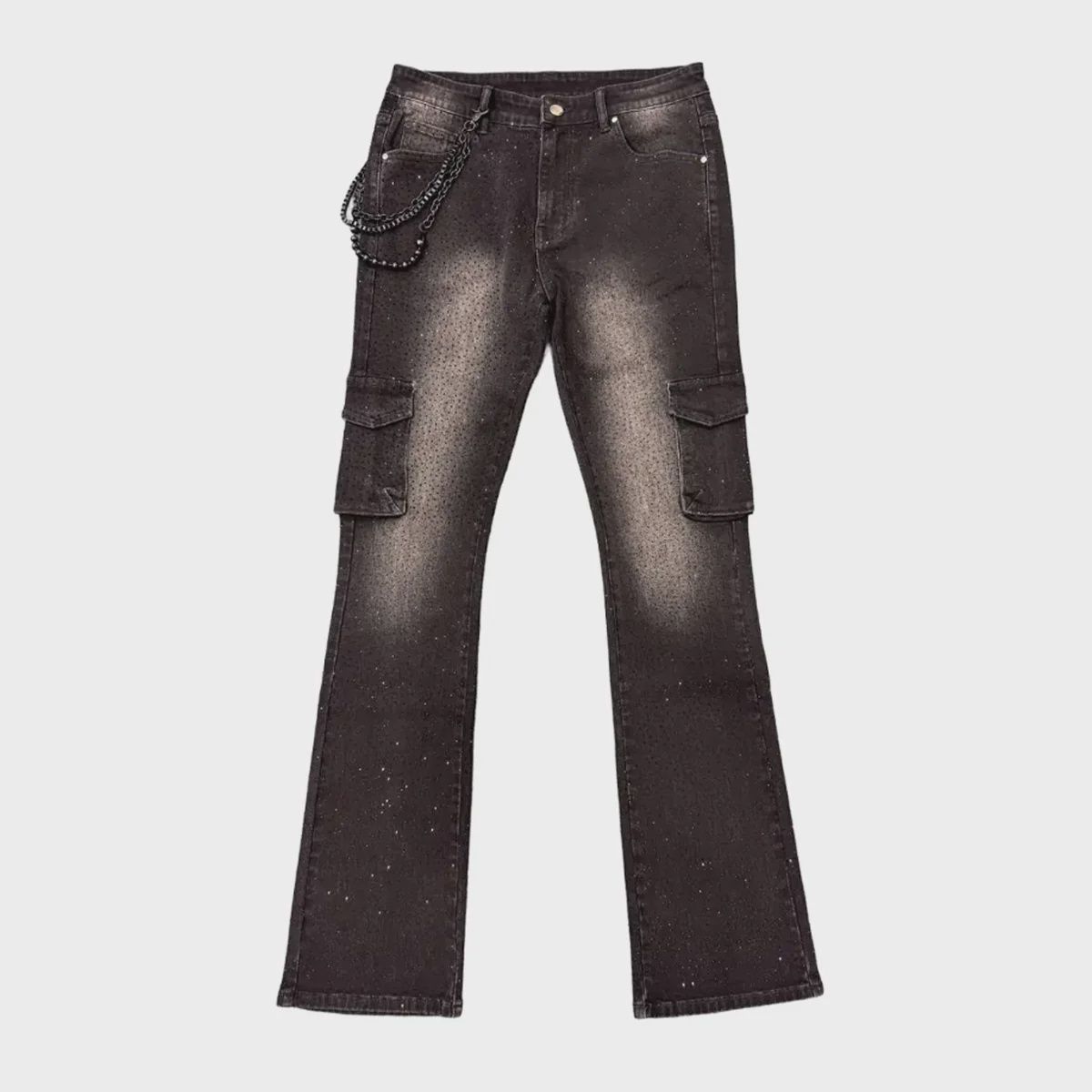 Premium Milano Mens Cargo Pocket Rhinestone Stacked Cargo Jeans PM002F25-100 Black Wash