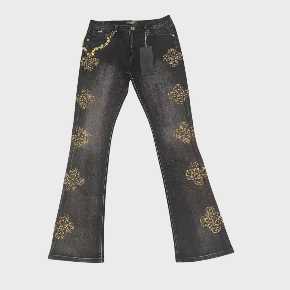 Premium Milano Mens Crystal Clover Stacked Jeans PMJ30F25-100 Black Washed