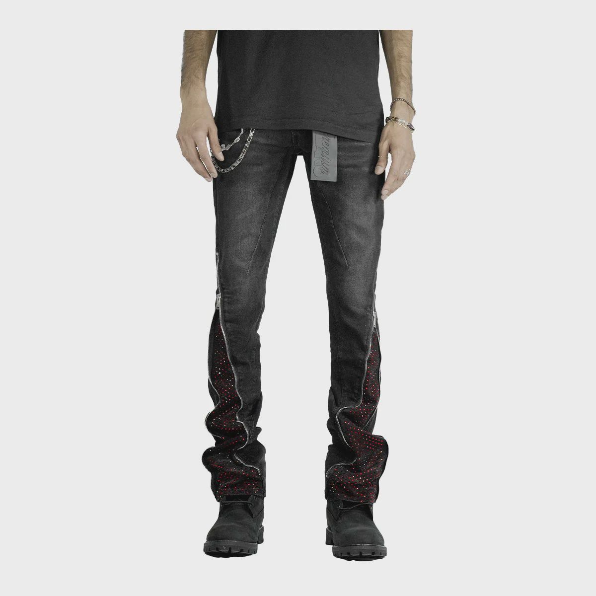 Milano Zip Red Stone Stacked Flare Jeans PM003F25-100