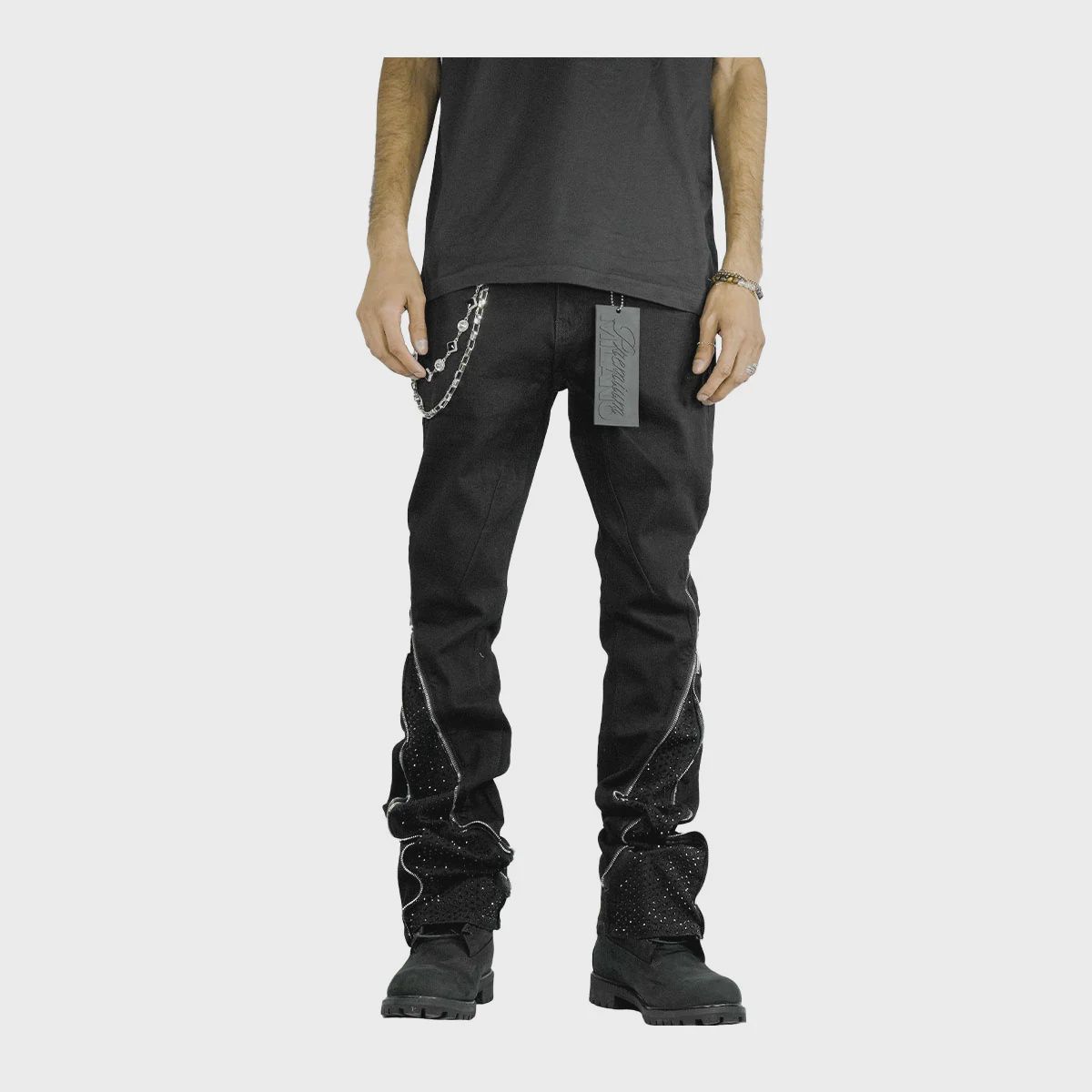 Premium Milano Mens Zip White Stone Stacked Flare Jeans PM003F25-700 Dirty Wash