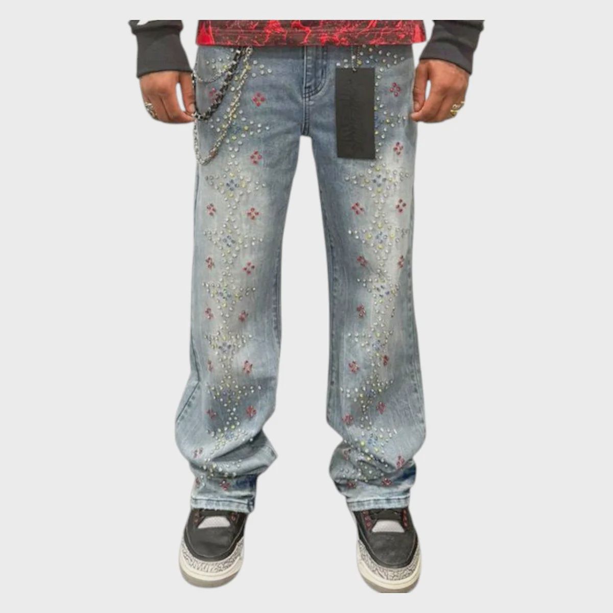 Premium Milano Mens Loose Fit Star Spangled Banner Stacked Jeans PMJ32F25-116 Blue Washed