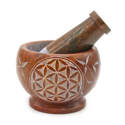 Soapstone Mortar &amp; Pestle - Orange Flower of Life