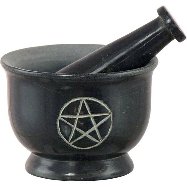 Soapstone Mortar &amp; Pestle Pentacle Black