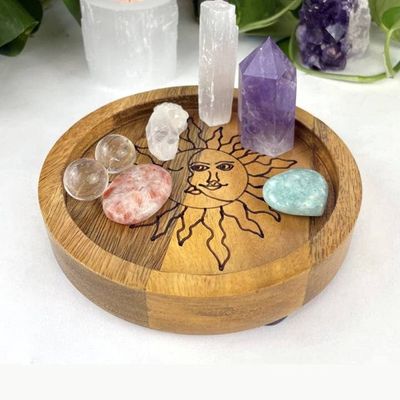 Sun &amp; Moon Wood Crystal Tray - Mango Wood