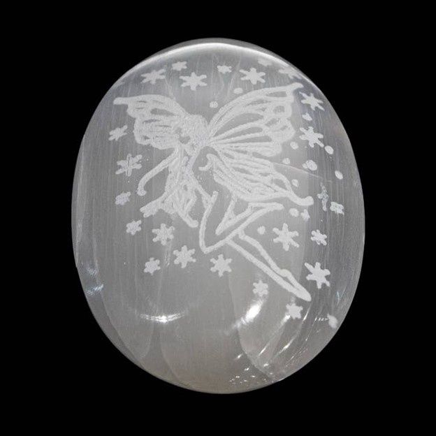Selenite Palm Stone - Engraved Fairy