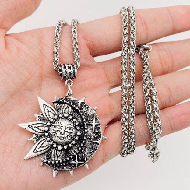 Sun &amp; Moon Pendant Necklace, Colour: Silver