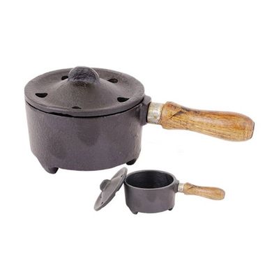 Iron Charcoal Burner w/ Lid + Wood Handle