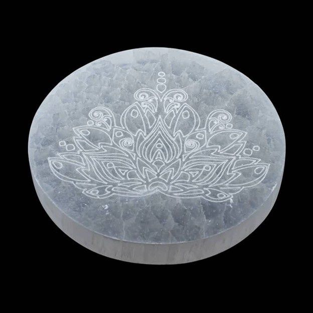 Selenite Engraved Round Lotus Charging Plate