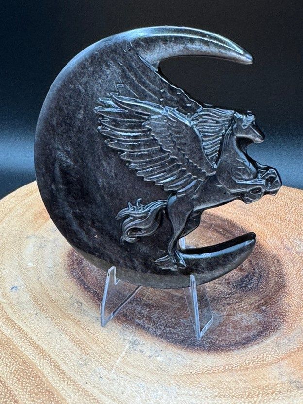 Silver Obsidian Crescent Moon &amp; Pegasus Horse Carving