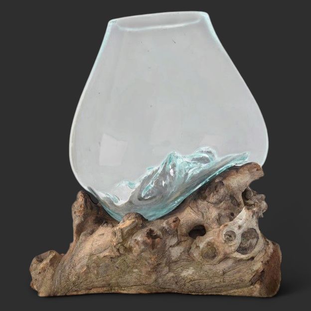 Large Molten Glass Bowl with Natural Wood