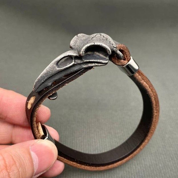 Stainless Steel Viking Crow Skull Head Cowhide Bracelet