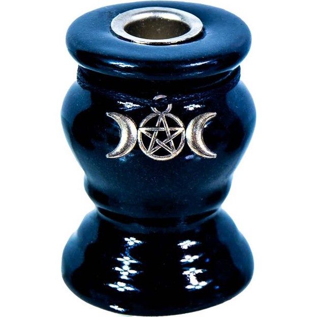 Ceramic Mini Candlestick Holder - Triple Moon Pentacle Black