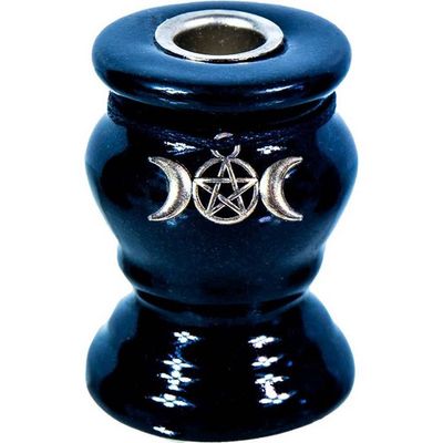 Ceramic Mini Candlestick Holder - Triple Moon Pentacle Black