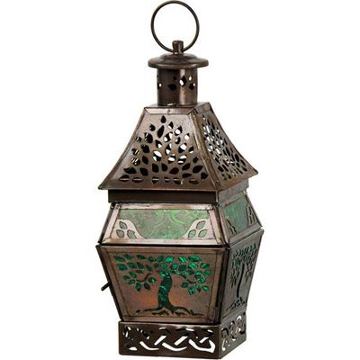 Glass &amp; Metal Lantern Tree of Life Green