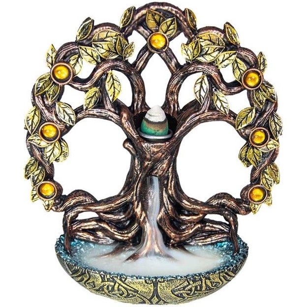 Polyresin Backflow Incense Burner - Tree of Life w/ Gems