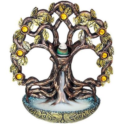Polyresin Backflow Incense Burner - Tree of Life w/ Gems