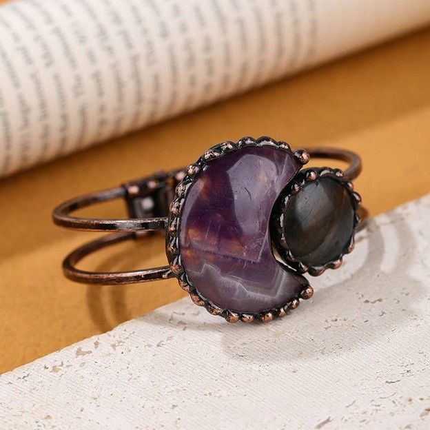 Star Moon Element Natural Stone Craft Bangle -Amethyst &amp; Anemousite