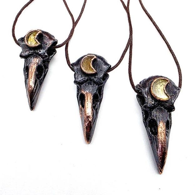 Citrine Moon Raven Skull Necklace