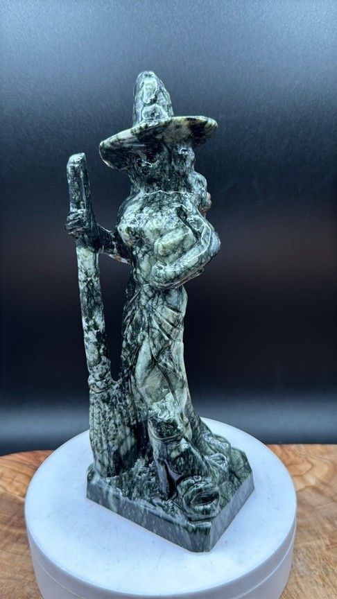 Serpentine Witch w/ Broom &amp; Cat Carving