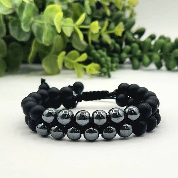 Hematite W/Black Obsidian (Matte) Woven Adjustable Bracelet