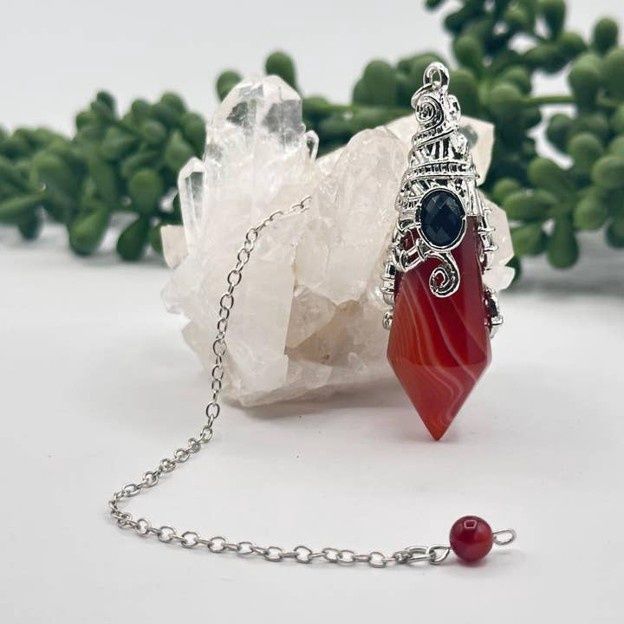 Carnelian 12 Faceted Antique Silver Detailing Pendulum