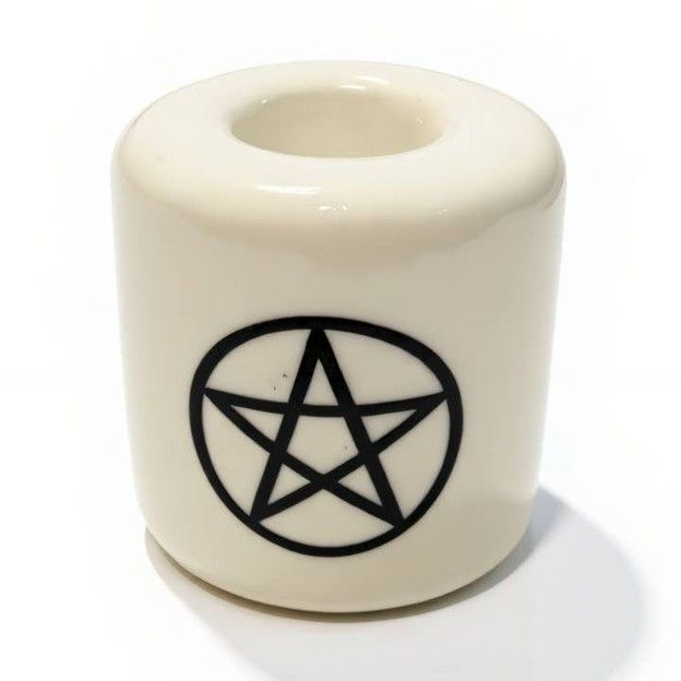 Ceramic Ritual Candle Holder White with Black Pentacle