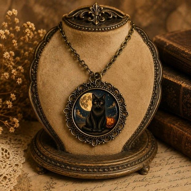 Moonlit Black Cat &amp; Pumpkin Pendant
