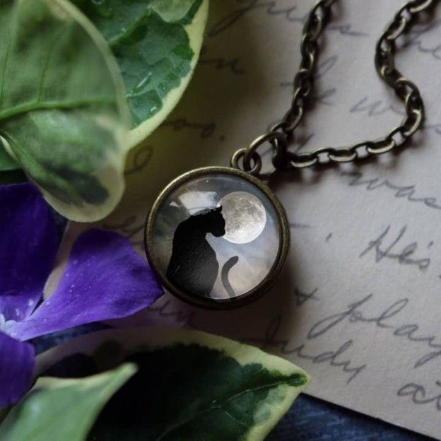 Black Cat and Full Moon Pendant Necklace