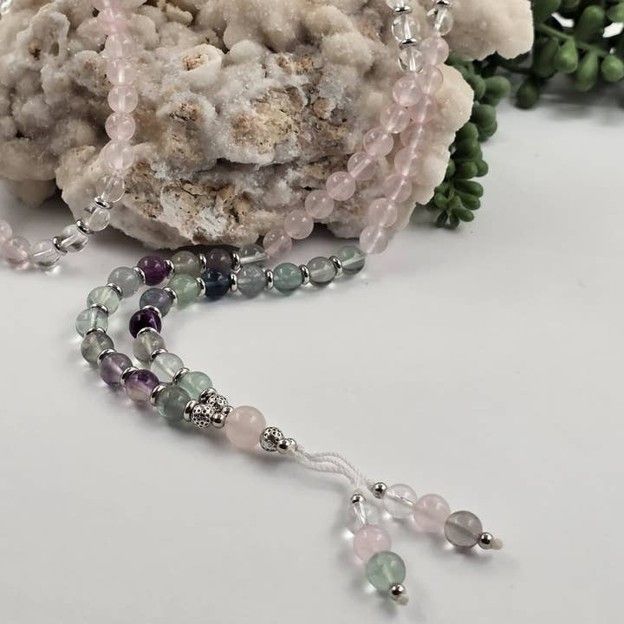 Mala108 Bead Rose/Clear Quartz/Rainbow Fluorite