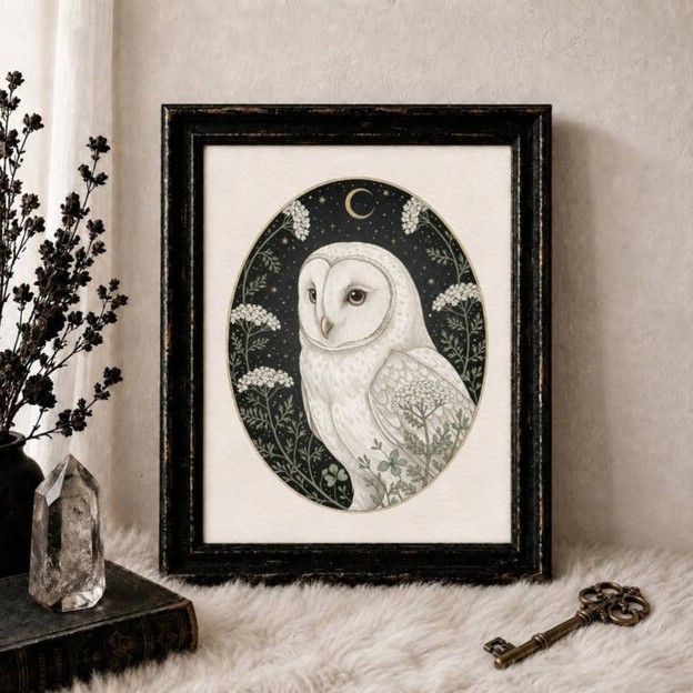 The Yarrow Owl - Gothic Botanical Art Print