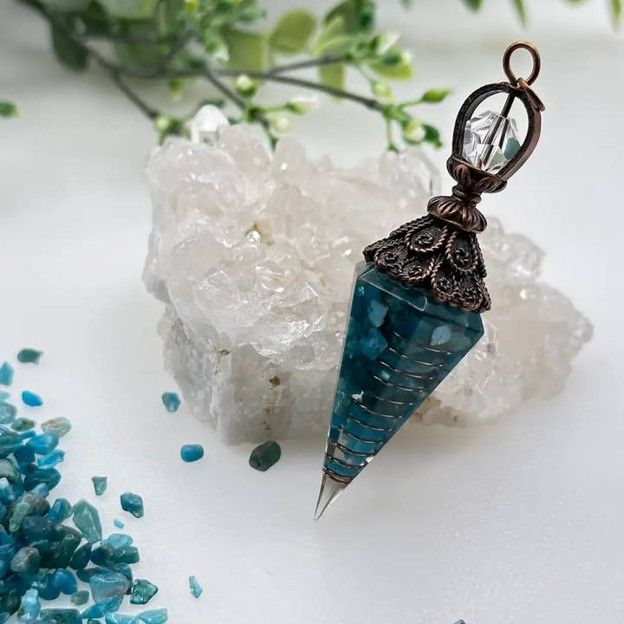 Blue Apatite Gemstone Chips w/ Copper in Resin Pendulum