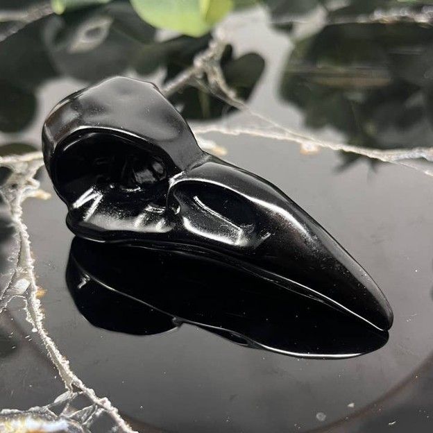Obsidian Raven Skull Carving - Large