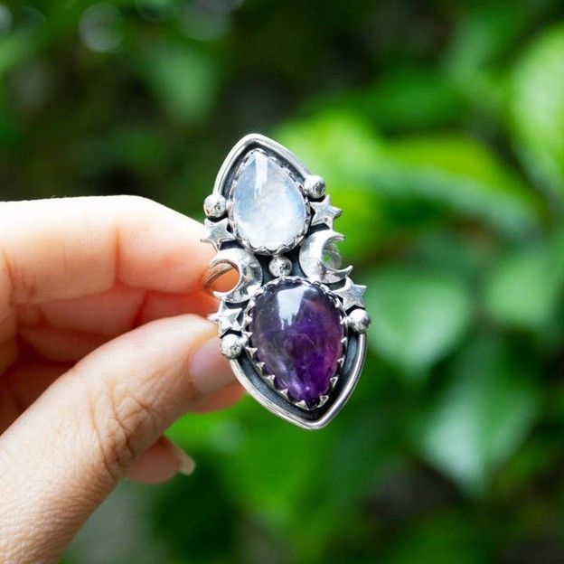 Moonstone &amp; Amethyst Celestial Ring