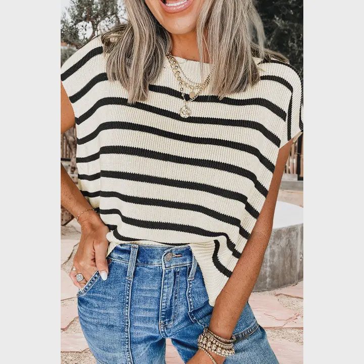 Stripe Side Slits Crewneck Sweater